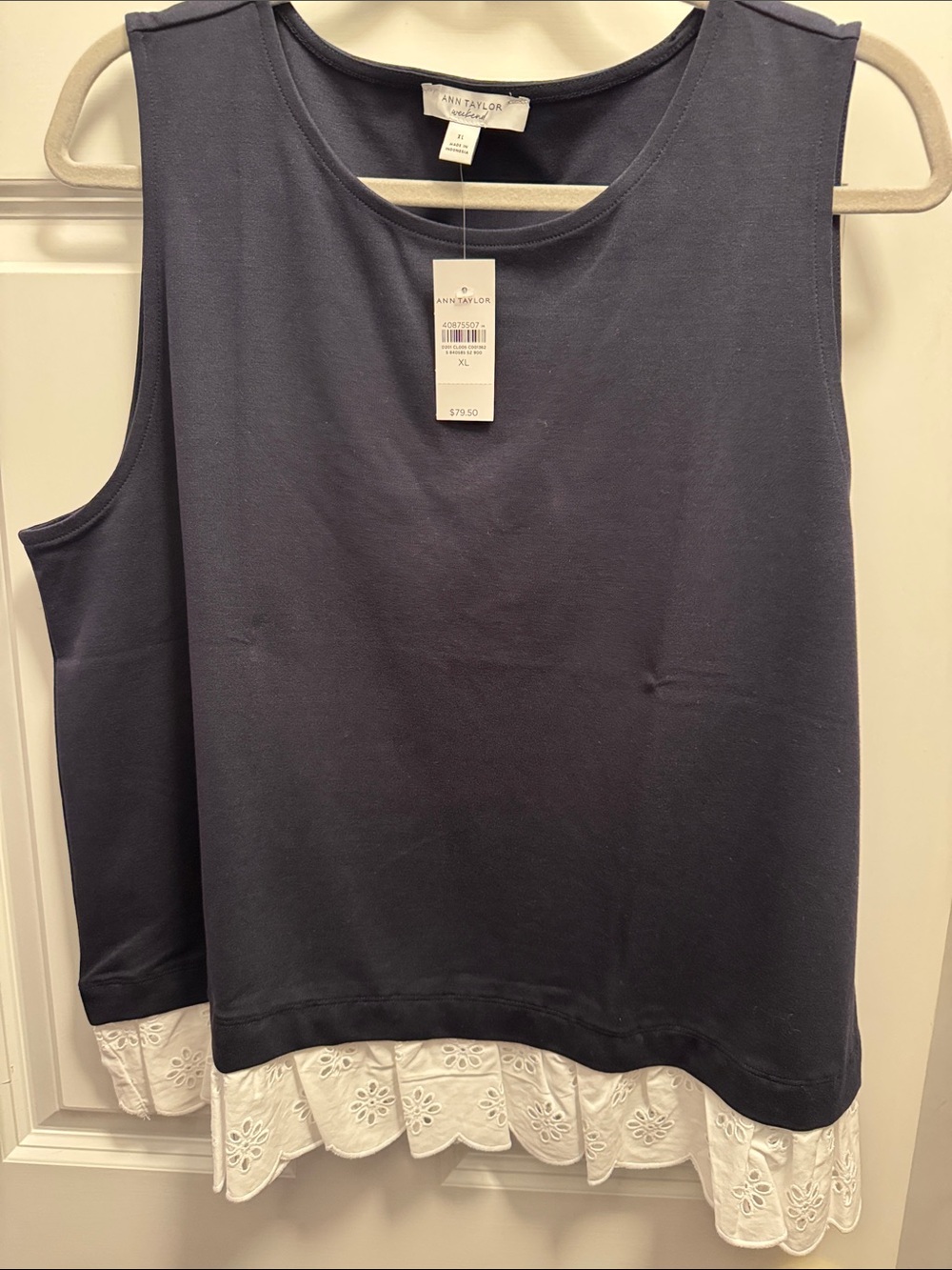 Ann Taylor Navy Tank Top with White Eyelet Hem